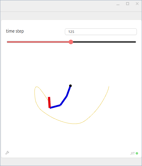 Chain pendulum drawn in blue and red with a yellow trace of its tip