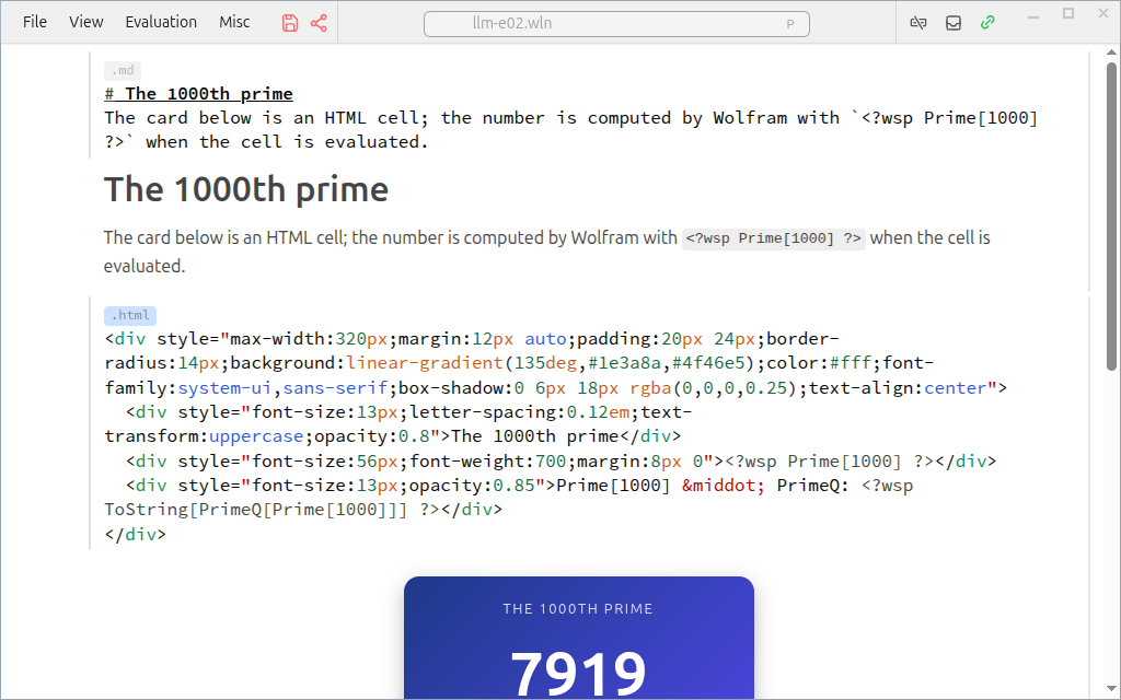 HTML cell showing a card with the 1000th prime, 7919