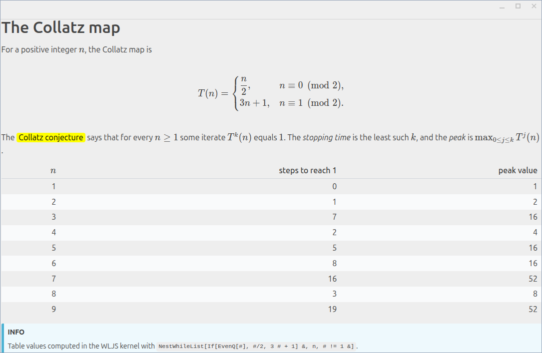 Markdown cell with the Collatz map formula and a computed table of stopping times